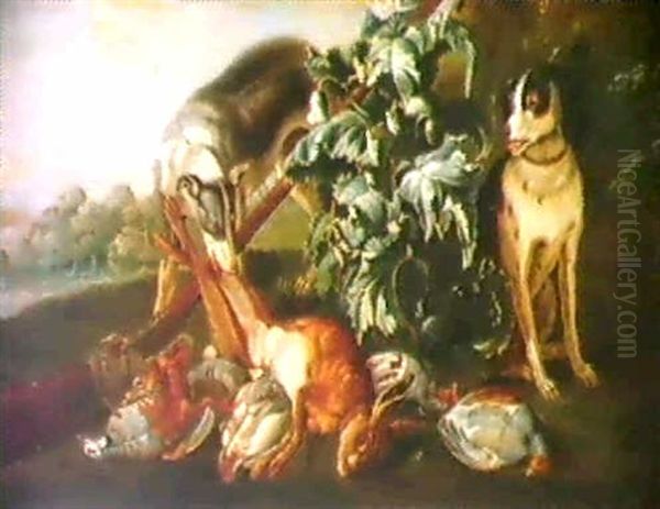 Paysage, Avec A L'avant Plan, Une Nature Morte De Gibier Et Deux Chiens Oil Painting by Alexandre Francois Desportes