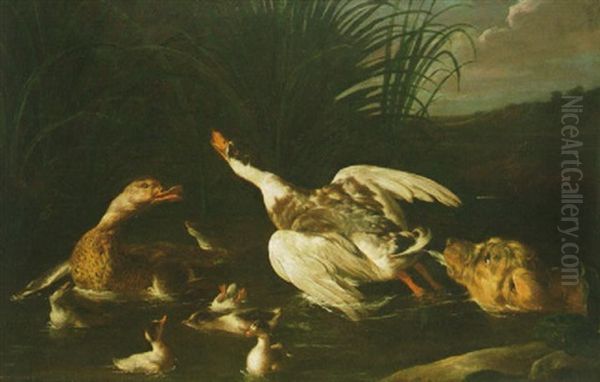 A Hunting Dog Pursuing Water Fowl In A Stream Oil Painting by Alexandre Francois Desportes