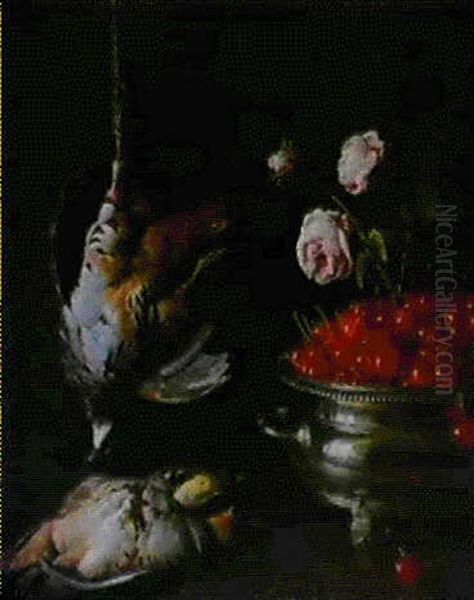 Nature Morte Aux Perdrix Avec Cerises Et Roses Oil Painting by Alexandre Francois Desportes