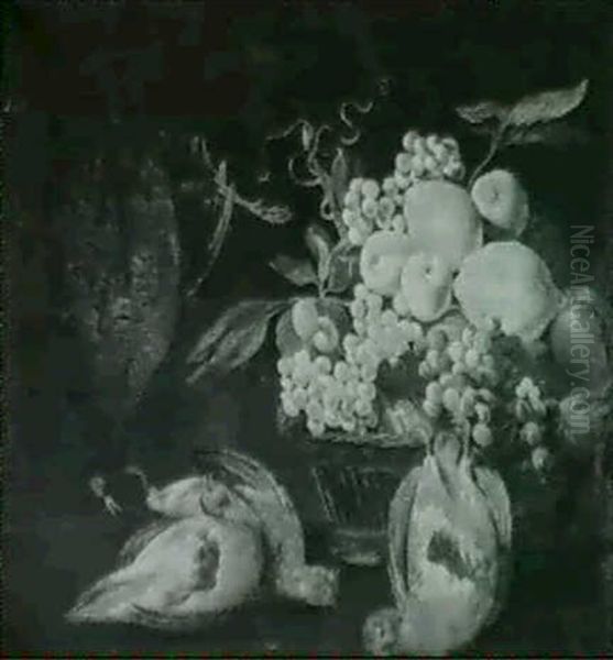 A Hanging Pheasant, Three Partridges And A Basket Of Fruit  On A Ledge Oil Painting by Alexandre Francois Desportes