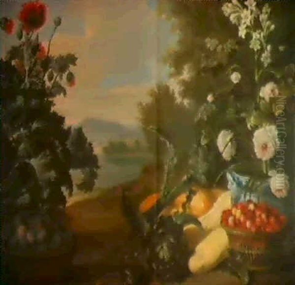 Corbeille De Fraises, Panier De Prunes, Branche De Pavot Et Rosiers En Fleurs Devant Un Paysage Oil Painting by Alexandre Francois Desportes