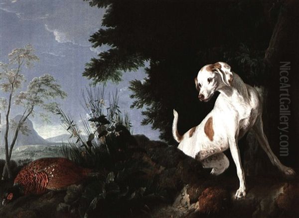 A Black And White Hunting Dog Spotting Two Gray Patridges & A Brown & White Hunting Dog Menacing A Ring-necked Pheasant Oil Painting by Alexandre Francois Desportes