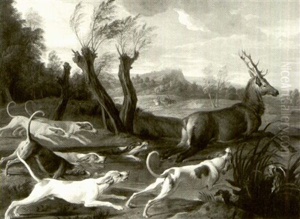 Stag Hunt In An Extensive Landscape Oil Painting by Alexandre Francois Desportes