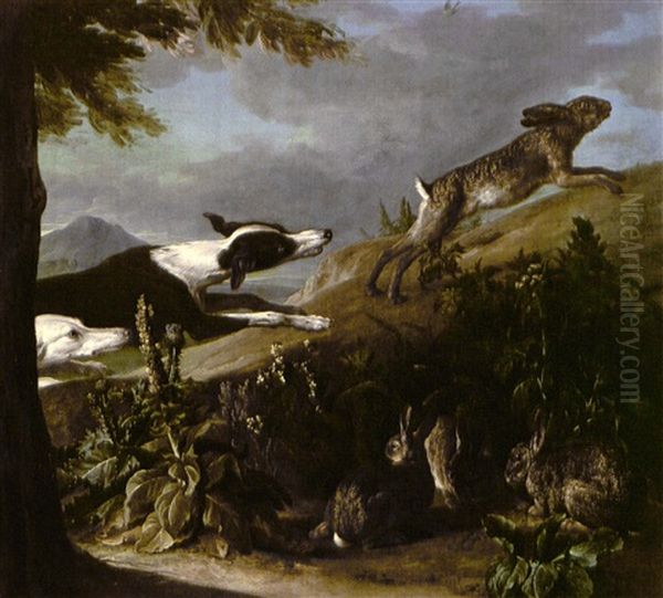 Hunting Dogs Chasing A Hare Uphill, Other Hares Hiding In   Foliage Below Oil Painting by Alexandre Francois Desportes