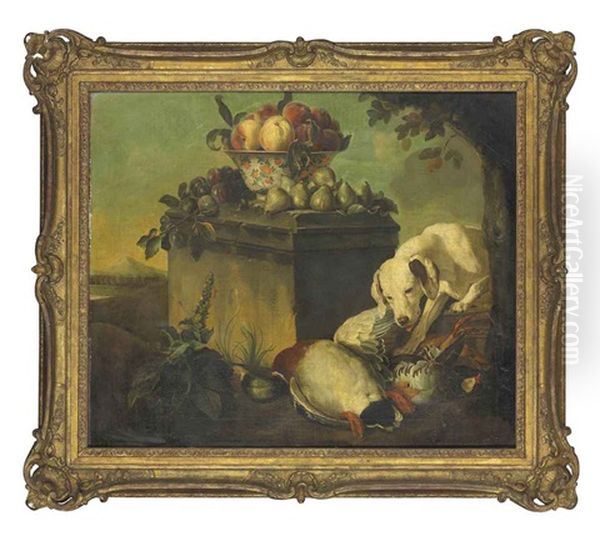 A Hound With A Duck And Partridges, A Bowl Of Peaches, And Figs And Plums On A Stone Pedestal, An Extensive Landscape Beyond by Claude Francois Desportes