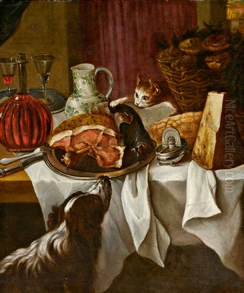 Stillleben Mit Tafelutensilien, Schinken, Weinkaraffe Und Glasern, Kase, Austernkorb, Katze Und Hund Oil Painting by Claude Francois Desportes