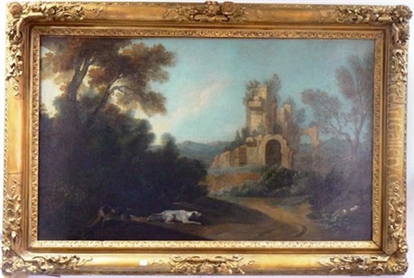 Chiens De Chasse Dans Les Ruines Oil Painting by Claude Francois Desportes