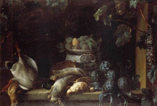 Nature Morte Au Gibier, A La Coupe De Prunes Et Aux Artichauts Disposee Sur Un Entablement De Fenetre Decoree D'un Treille by Claude Francois Desportes