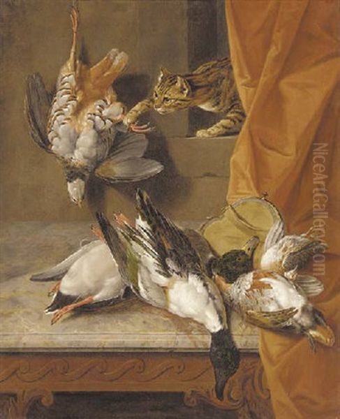 Mallard And Partridge On A Table With A Purse Before A Red Curtain, A Cat Stealing A Hanging Partridge From A Niche Above Oil Painting by Claude Francois Desportes