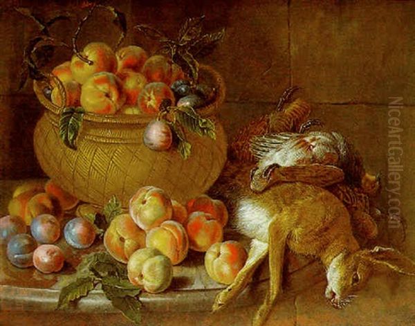 Nature Morte Au Panier De Fruits Et Gibier Sur Un Entablement De Marble Oil Painting by Claude Francois Desportes