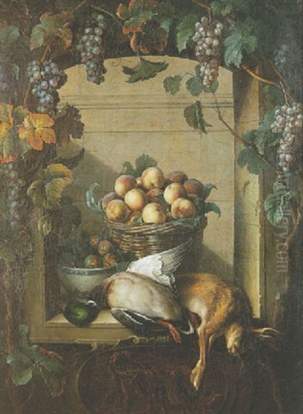 Nature Morte A La Coupe De Figues, Panier De Peches, Canard Et Lievre Dans Une Niche Entournee D'une Trellis Oil Painting by Claude Francois Desportes