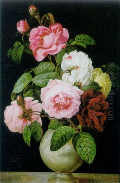 Roses In A Round Vase Oil Painting by Emma Desportes