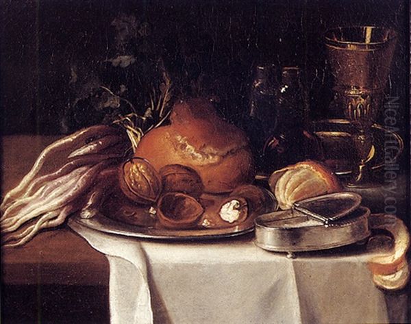 Nature Morte A La Brioche, Noix Et Pieces D'argenterie Sur Un Entablement Oil Painting by Nicolas Desportes