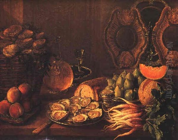 A Still Life Of A Basket Of Oysters, Peaches, A Caraffe Of Wine, A Plate Of Schucked Oysters, Bread, A Salt Cellar, A Plate Of Figs, A Melon, Radishes, A Covered Wine Glass And Gilt Plates Oil Painting by Nicolas Desportes