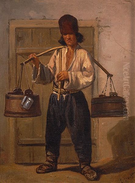 Russischer Strasenhandler Mit Kwas In Bottichen Oil Painting by Emile Francois Dessain