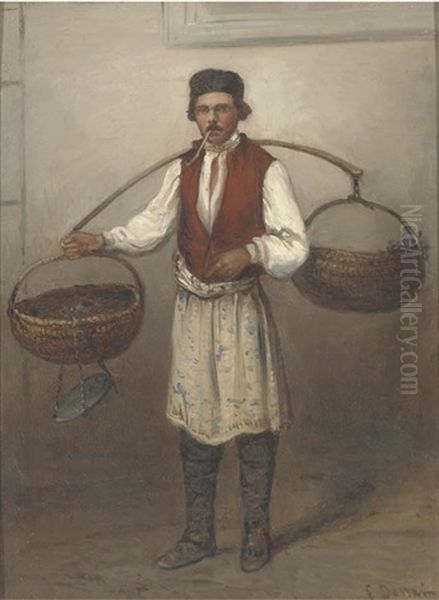 A French Street Seller (+ Another Similar; Pair) Oil Painting by Emile Francois Dessain