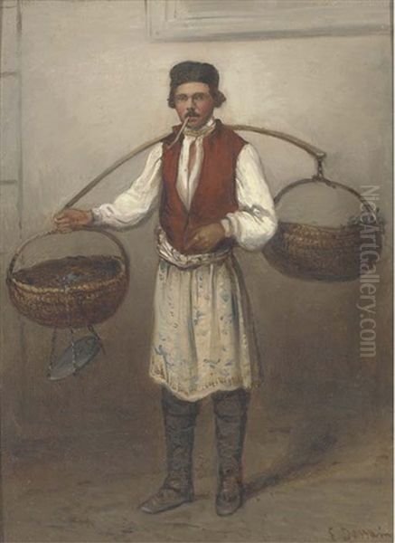 A French Street Seller (+ Another Similar; Pair) Oil Painting by Emile Francois Dessain