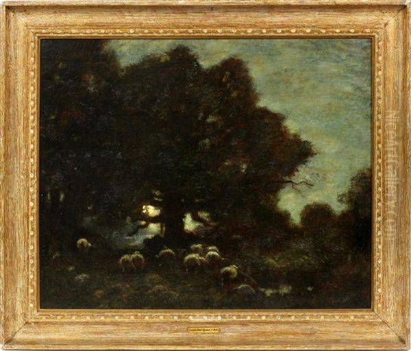 An End Of Day Pastoral Scene, Gathering Sheep by Louis Paul Dessar