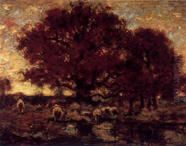 Cattle Watering Under A Tree At Sunset by Louis Paul Dessar