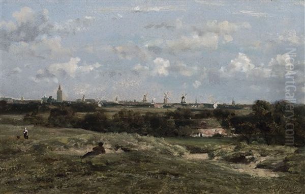 A Dune Landscape With A Man Resting, Mills And A Church Tower On The Horizon Oil Painting by Johannes Joseph Destree