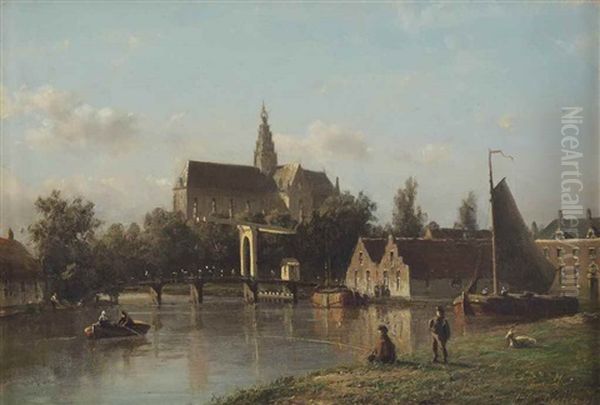 Gezigt Op Haarlem Gezien Van 't Spaarne: A View Of Haarlem Oil Painting by Johannes Joseph Destree