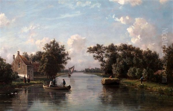 Hollands Landschap Met Boerderij Aan Een Vaart Oil Painting by Johannes Joseph Destree