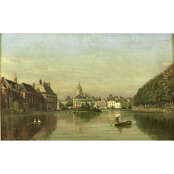 View Of The Hofvijver, The Hague Oil Painting by Johannes Joseph Destree