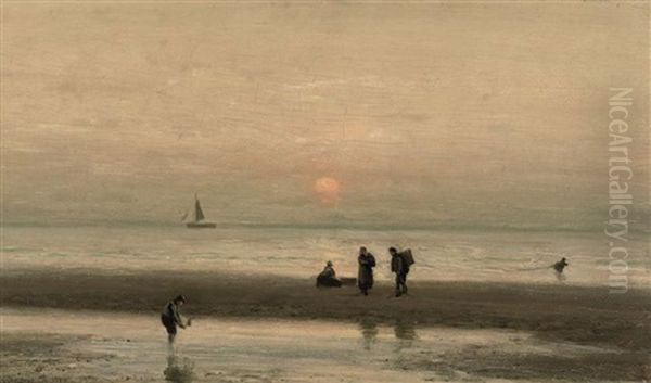 Collecting Shells At Sunset Oil Painting by Johannes Joseph Destree