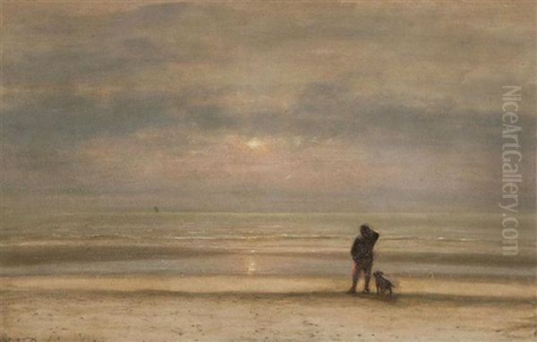 Man With Dog Near The Sea At Sunset Oil Painting by Johannes Joseph Destree