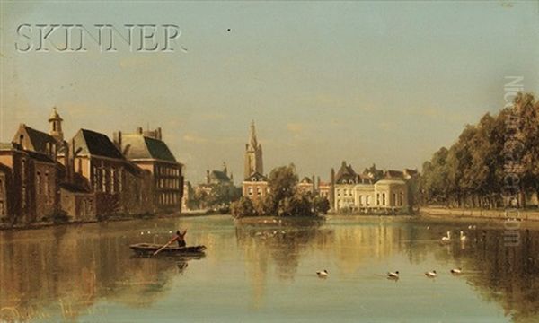 A View Of The Hofvijver, The Hague Oil Painting by Johannes Joseph Destree