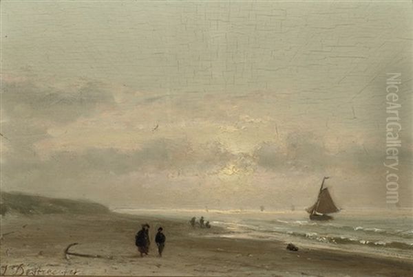 On The Beach By Sunset Oil Painting by Johannes Joseph Destree