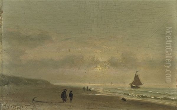 On The Beach By Sunset Oil Painting by Johannes Joseph Destree