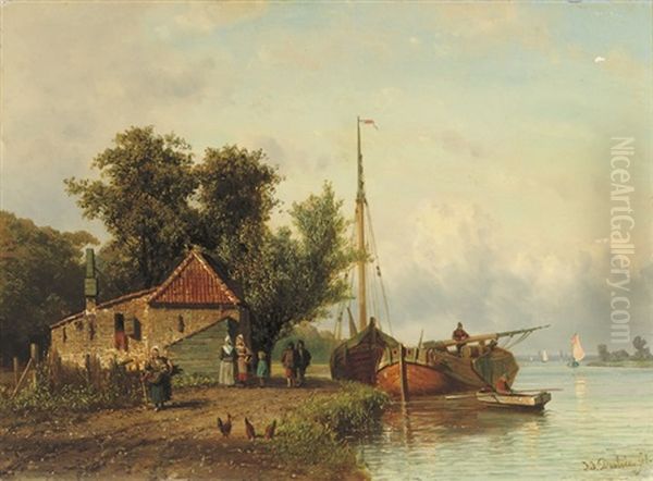 Daily Activities Along A River Oil Painting by Johannes Joseph Destree