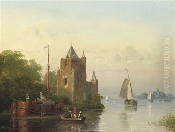 Shipping By A Riverside Castle Oil Painting by Johannes Joseph Destree