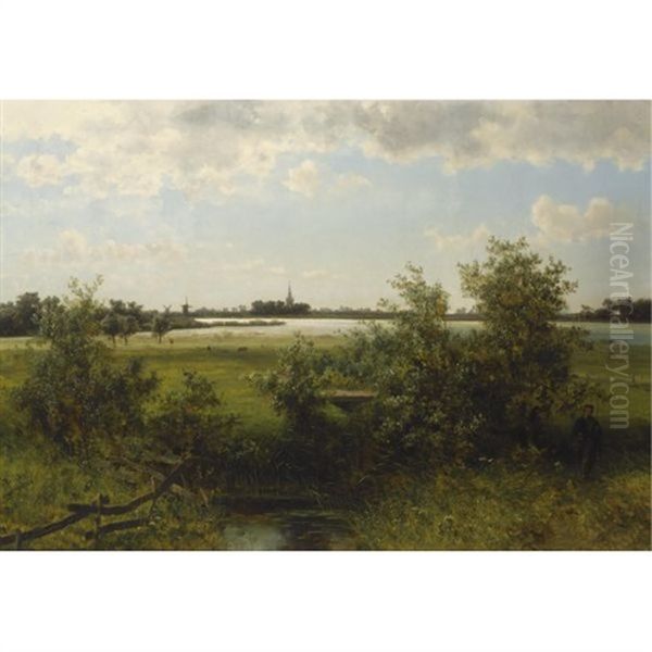 A Hunter In A Summer Landscape, A Town In The Distance Oil Painting by Johannes Joseph Destree