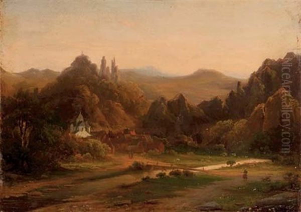 A Riverside Village In A Valley Oil Painting by Johannes Joseph Destree