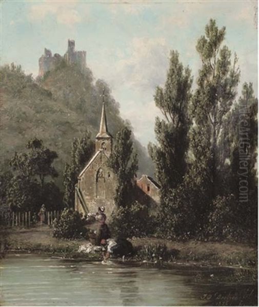 Washing In The River Oil Painting by Johannes Joseph Destree