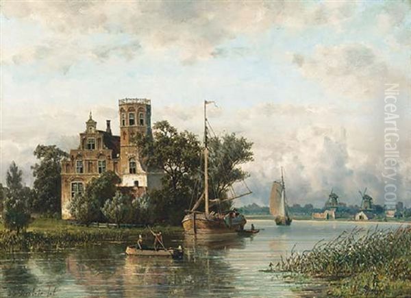 A River Landscape With Sailing Vessels Near A Town Oil Painting by Johannes Joseph Destree