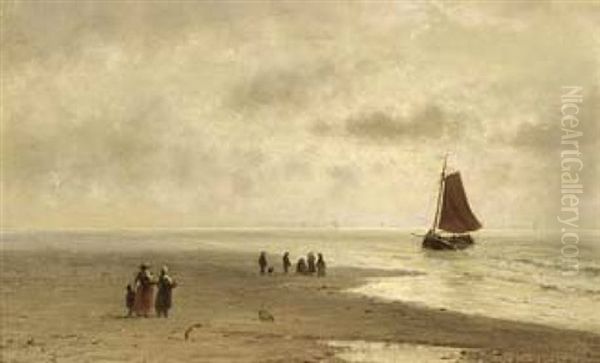 A Coastal Scene With A Bomschuit Oil Painting by Johannes Joseph Destree