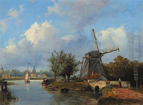 A Windmill Along A Canal With A Town In The Distance Oil Painting by Johannes Joseph Destree