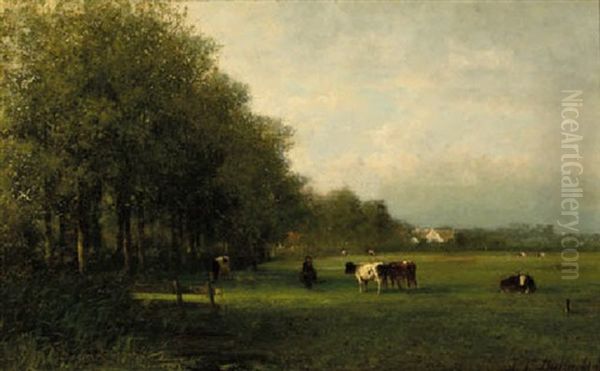 Cows In A Meadow By A Wooded Lane, A Farm Beyond Oil Painting by Johannes Joseph Destree