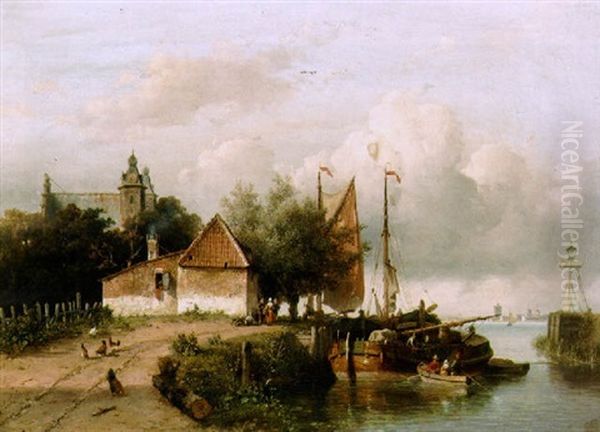 Moored Sailing Vessels Near A Town Oil Painting by Johannes Joseph Destree