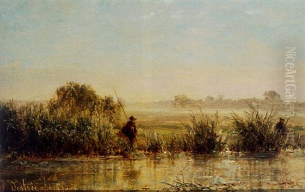 Anglers In A Polder Landscape Oil Painting by Johannes Joseph Destree