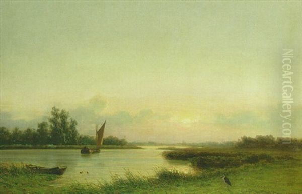 A Summer Landscape With A Sailing Boat On A Meandering River Oil Painting by Johannes Joseph Destree