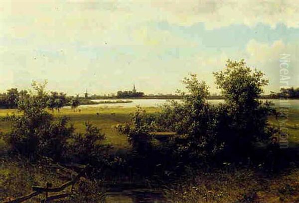 A Summer Landscape With A Hunter, A Town In The Distance Oil Painting by Johannes Joseph Destree