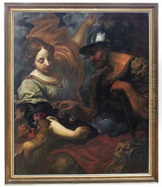 Landsknecht Und Junge Frau, Die Dem Soldaten Rosenbluten Reicht. Vorne Links Ein Putto Oil Painting by Michele Desubleo