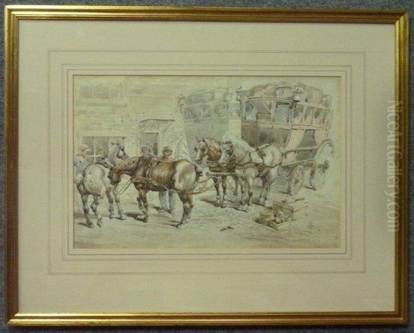 Stage Coach With Horses And Hostlers Oil Painting by James Archer