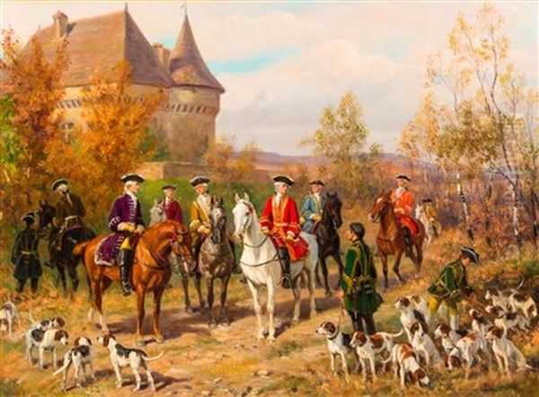 Le Depart Pour La Chasse A Courre, 1920 Oil Painting by Raymond Desvarreux