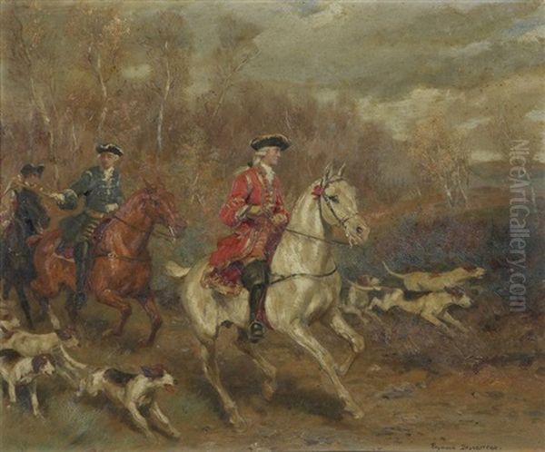 Cavaliers Au Depart Pour La Chasse Oil Painting by Raymond Desvarreux