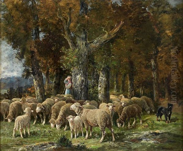 Bergere Et Son Troupeau De Moutons Oil Painting by Raymond Desvarreux